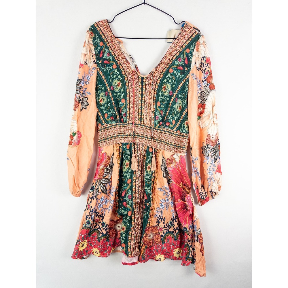 Farm Rio for Anthropologie Floral Boho Mini Dress Womens S Peach Tropical Festiv